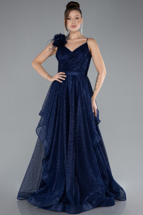 Navy Blue Strappy Long Glitter Engagement Tulle Prom Dress ABU4495