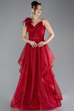 Cherry Colored Strappy Long Glitter Engagement Tulle Prom Dress ABU4495