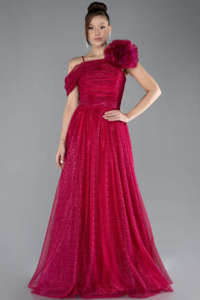 Fuchsia Strappy Long Glitter Engagement Tulle Prom Dress ABU4496