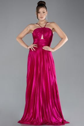 Fuchsia Symmetrical Cut Long Metallic Chiffon Evening Gown ABU4497