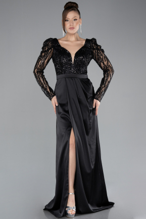 Black Stoned Long Sleeve Slit Satin Evening Gown ABU4499