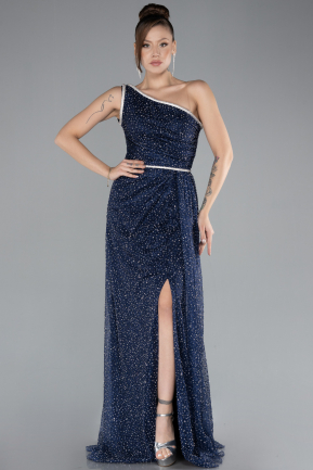 Navy Blue One Shoulder Slit Stone Long Evening Gown ABU4500