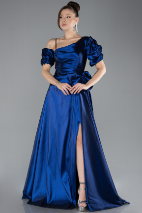 Navy Blue Slit Long Satin Prom Gown ABU4502