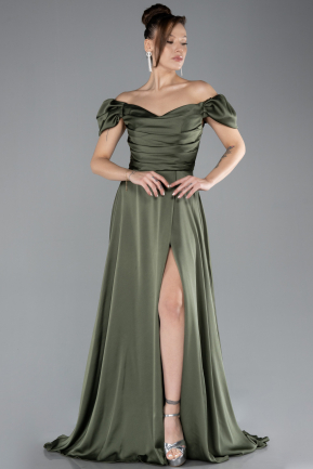 Olive Drab Boat Neck Slit Long Satin Prom Gown ABU4508