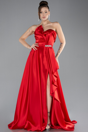 Red Strapless Slit Long Satin Prom Gown ABU4522