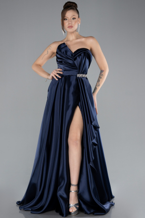 Navy Blue Strapless Slit Long Satin Prom Gown ABU4522