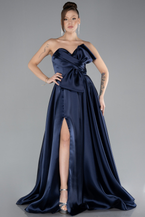 Navy Blue Long Satin Evening Dress ABU4222