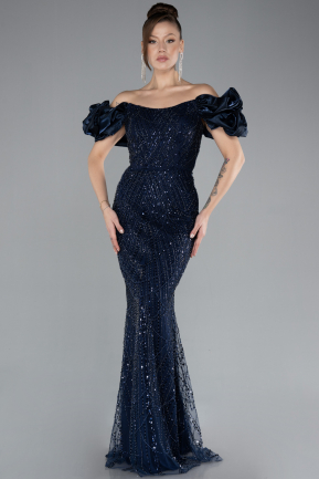 Navy Blue Stone Strapless Sleeve Accessories Long Mermaid Evening Gown ABU4509