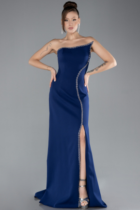 Navy Blue Strapless Slit Long Evening Gown ABU4510