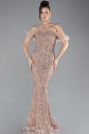 Gold Feathered Boat Neck Sequined Long Mermaid Prom Dress ABU4513