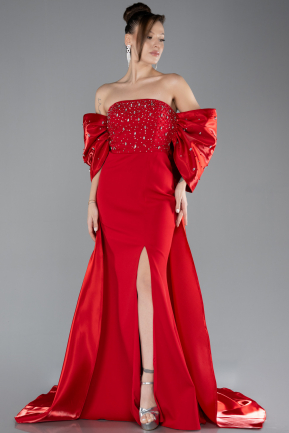 Red Stoned Strapless Slit Tail Long Prom Evening Gown ABU4514