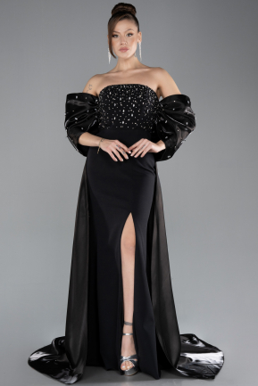 Black Stoned Strapless Slit Tail Long Prom Evening Gown ABU4514