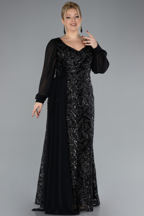 Black Chiffon Long Sleeve Sequined Plus Size Evening Gown ABU4505