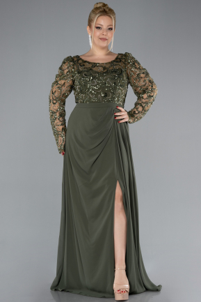 Olive Drab Stoned Long Sleeve Slit Chiffon Plus Size Evenin Gown ABU4506