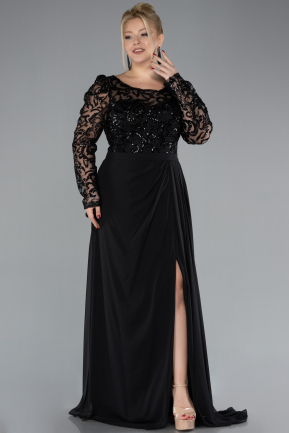 Black Stoned Long Sleeve Slit Chiffon Plus Size Evenin Gown ABU4506