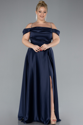 Navy Blue Strapy Slit Long Satin Plus Size Evening Gown ABU4528