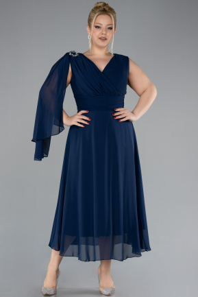 Navy Blue Sleeveless Midi Chiffon Plus Size Party Dress ABK2195