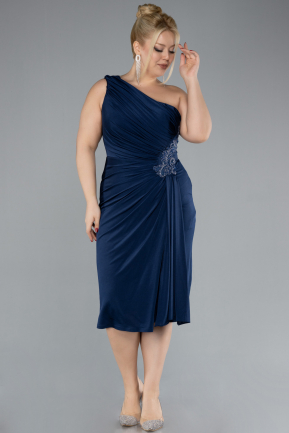 Navy Blue One Shoulder Midi Plus Size Evening Dress ABK2196