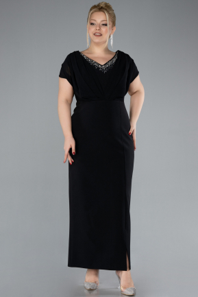 Black Short Sleeve V Neck Midi Plus Size Evening Dress ABK2191