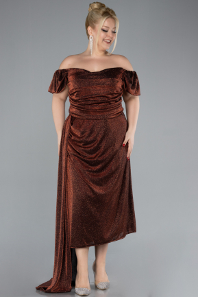 Copper Boat Neck Midi Glittered Plus Size Evening Dress ABK2181