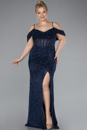 Navy Blue Slit Long Stone Plus Size Prom Dress ABU4395