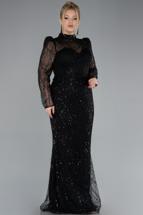 Black Long Sleeve High Collar Stoned Evening Gown ABU4526