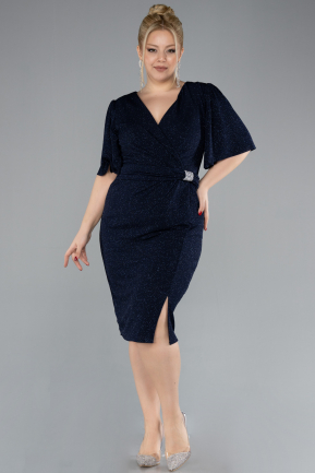 Navy Blue Short Sleeve Glitter Midi Plus Size Cocktail Dress ABK2115