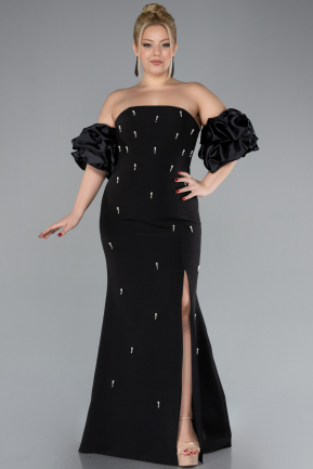 Black Sleeve Detail Slits Strapless Long Plus Size Evening Gown ABU4474