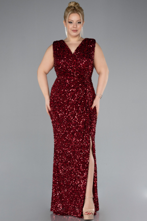 Burgundy Sleeveless Slit Long Sequined Plus Size Evening Dress ABU4401