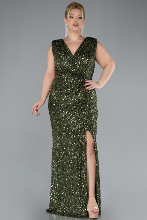 Olive Drab Sleeveless Slit Long Sequined Plus Size Evening Dress ABU4401