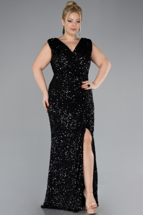 Black Sleeveless Slit Long Sequined Plus Size Evening Dress ABU4401