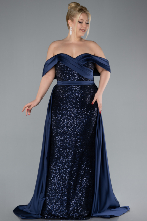 Navy Blue Boat Neck Tail Long Sequined Plus Size Evening Gown ABU4516