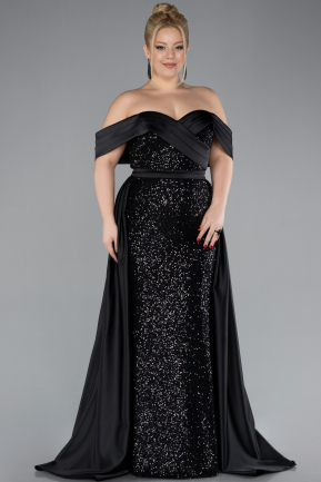 Black Boat Neck Tail Long Sequined Plus Size Evening Gown ABU4516