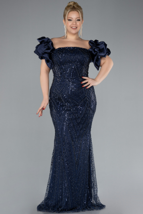 Long Navy Blue Beaded Plus Size Engagement Dress ABU4413