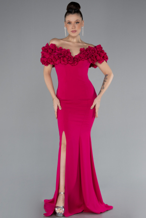 Fuchsia Boat Neck Slit Long Evening Dress ABU4080