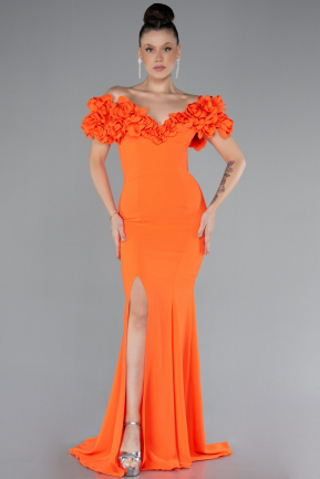 Orange Boat Neck Slit Long Evening Dress ABU4080