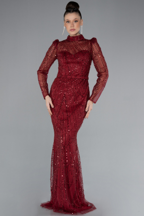 Burgundy Long Sleeve High Collar Stoned Evening Gown ABU4526