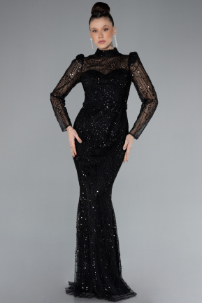 Black Long Sleeve High Collar Stoned Evening Gown ABU4526