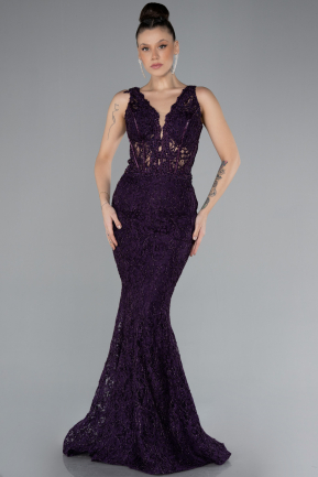 Dark Purple Sleeveless Laced Long Mermaid Prom Gown ABU4493