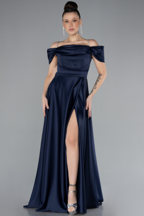 Navy Blue Slit Long Satin Prom Gown ABU4531