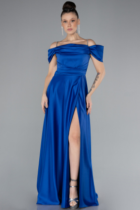 Sax Blue Slit Long Satin Prom Gown ABU4531