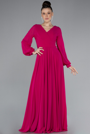 Fuchsia Long Sleeve V Neck Chiffon Evening Dress ABU4533