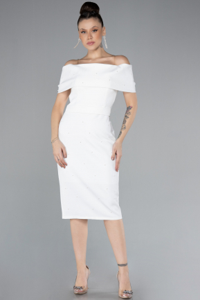 White Boat Neck Midi Invitation Dress ABK2203