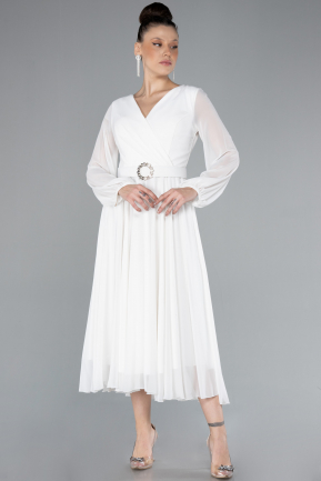 White Long Sleeve Chiffon Midi Cocktail Dress ABK2206