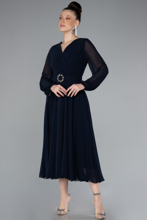 Navy Blue Long Sleeve Chiffon Midi Cocktail Dress ABK2206