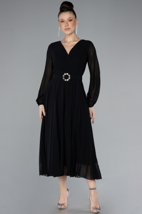 Black Long Sleeve Chiffon Midi Cocktail Dress ABK2206