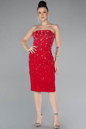 Red Strapless Stone Midi Cocktail Dress ABK2211