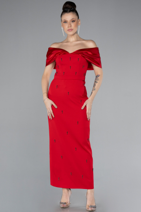 Red Satin Boat Neck Stone Midi Evening Dress ABK2212