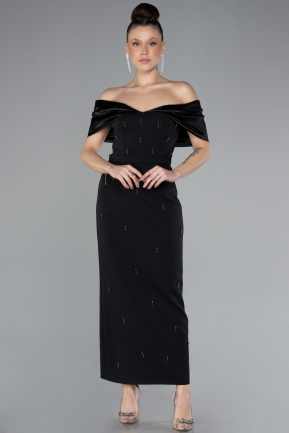 Black Satin Boat Neck Stone Midi Evening Dress ABK2212