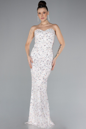 White Strapless Stone Tailed Long Special Design Evening Gown ABU4538